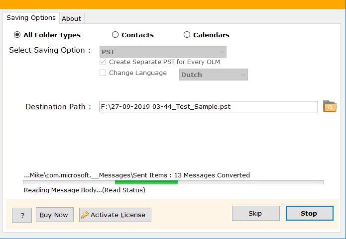 screenshot of MailDivert OLM Converter